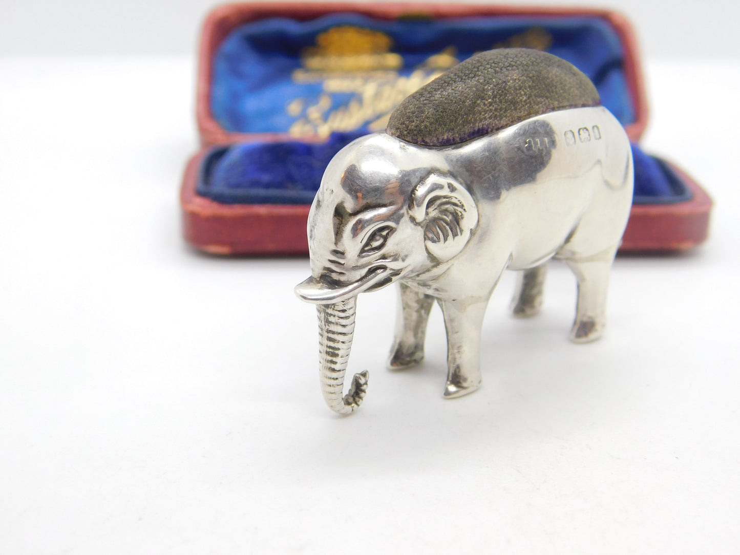 Edwardian Sterling Silver Elephant Pin Cushion Antique 1908 Birmingham Adie & Lovekin