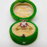 9ct Yellow Gold, Diamond & Ruby Set Floral Cluster Ring Vintage 1975 Birmingham