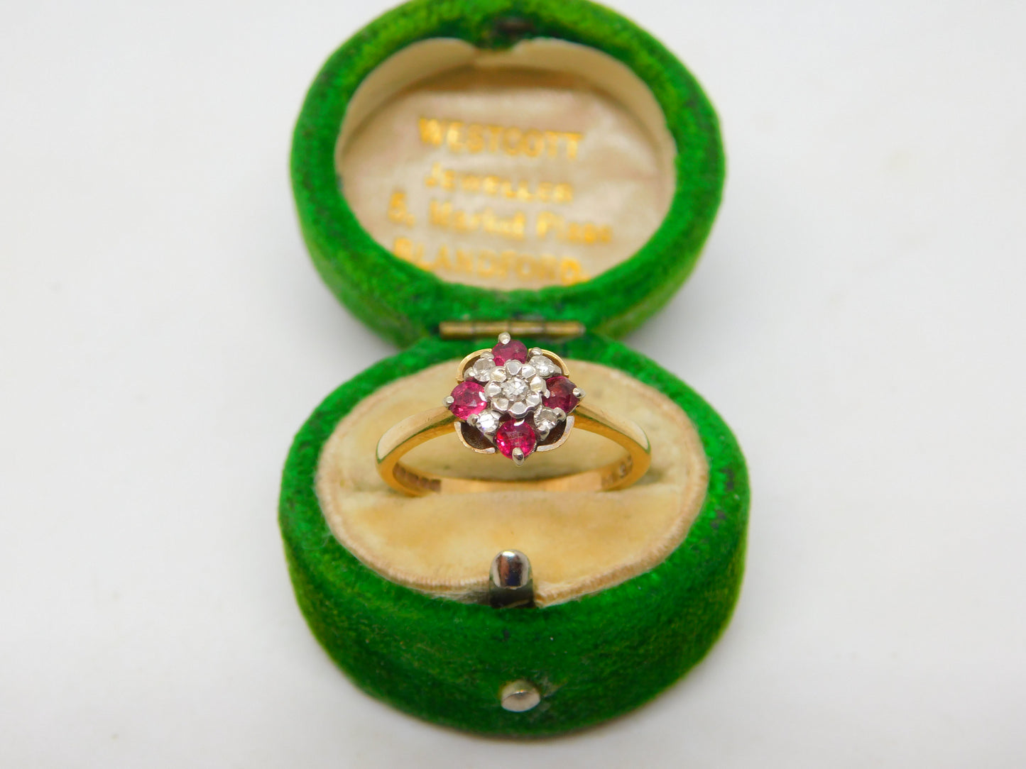 9ct Yellow Gold, Diamond & Ruby Set Floral Cluster Ring Vintage 1975 Birmingham