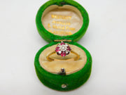 9ct Yellow Gold, Diamond & Ruby Set Floral Cluster Ring Vintage 1975 Birmingham