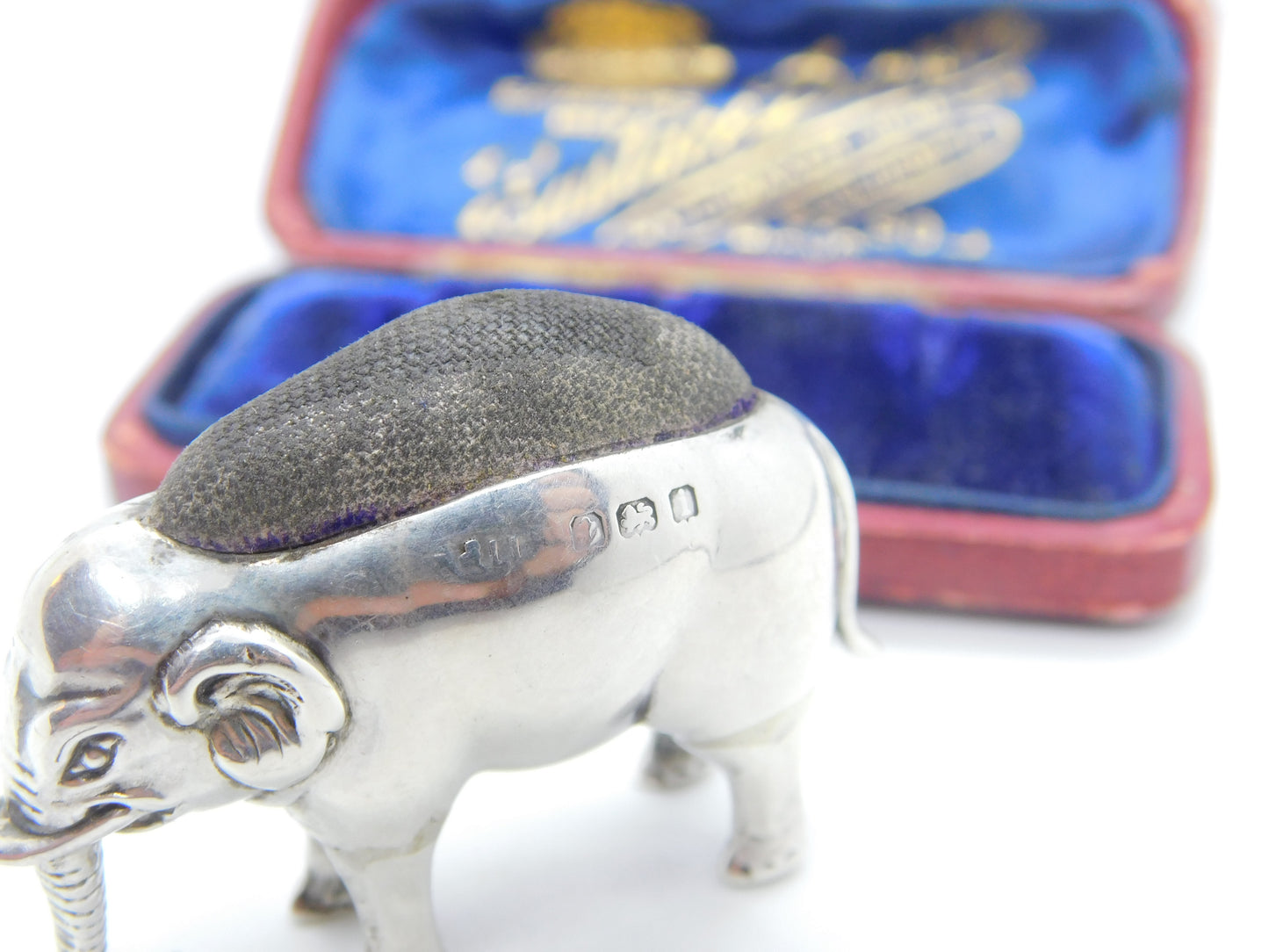 Edwardian Sterling Silver Elephant Pin Cushion Antique 1908 Birmingham Adie & Lovekin