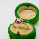 9ct Yellow Gold, Diamond & Ruby Set Floral Cluster Ring Vintage 1975 Birmingham