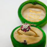 9ct Yellow Gold, Diamond & Ruby Set Floral Cluster Ring Vintage 1975 Birmingham