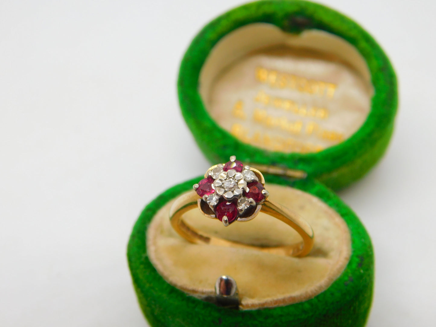 9ct Yellow Gold, Diamond & Ruby Set Floral Cluster Ring Vintage 1975 Birmingham