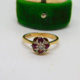 9ct Yellow Gold, Diamond & Ruby Set Floral Cluster Ring Vintage 1975 Birmingham