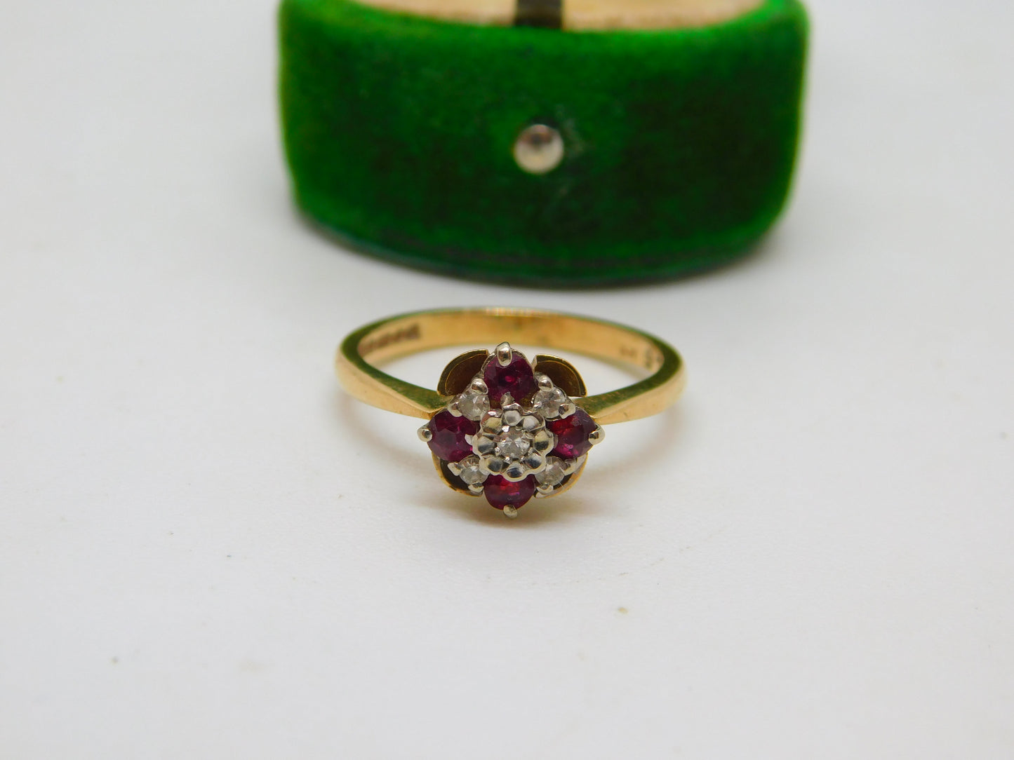 9ct Yellow Gold, Diamond & Ruby Set Floral Cluster Ring Vintage 1975 Birmingham