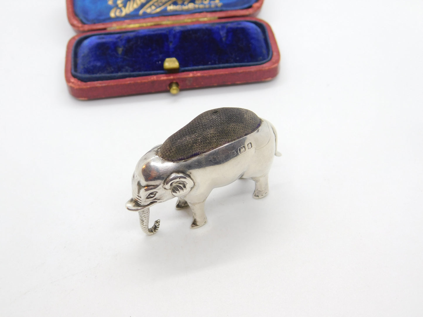 Edwardian Sterling Silver Elephant Pin Cushion Antique 1908 Birmingham Adie & Lovekin