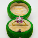 18ct Gold, Baguette Cut Ruby & Old Cut Diamond Floral Ring Vintage c1970