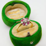 18ct Gold, Baguette Cut Ruby & Old Cut Diamond Floral Ring Vintage c1970