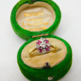 18ct Gold, Baguette Cut Ruby & Old Cut Diamond Floral Ring Vintage c1970