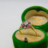 18ct Gold, Baguette Cut Ruby & Old Cut Diamond Floral Ring Vintage c1970