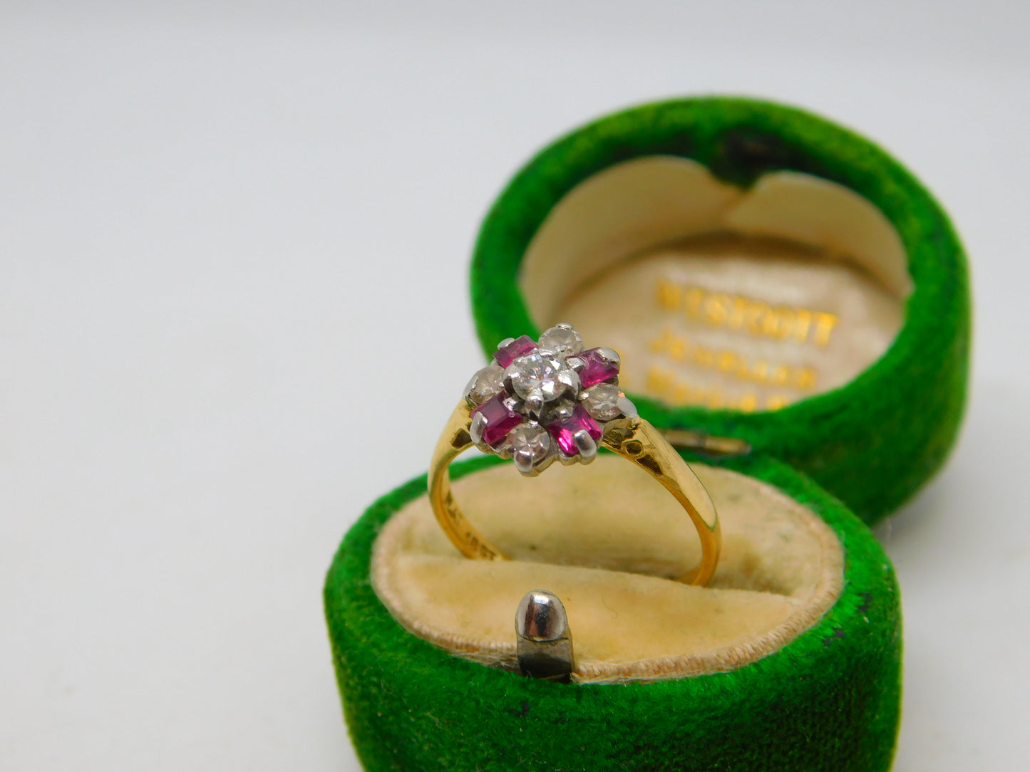 18ct Gold, Baguette Cut Ruby & Old Cut Diamond Floral Ring Vintage c1970