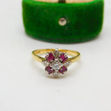 18ct Gold, Baguette Cut Ruby & Old Cut Diamond Floral Ring Vintage c1970