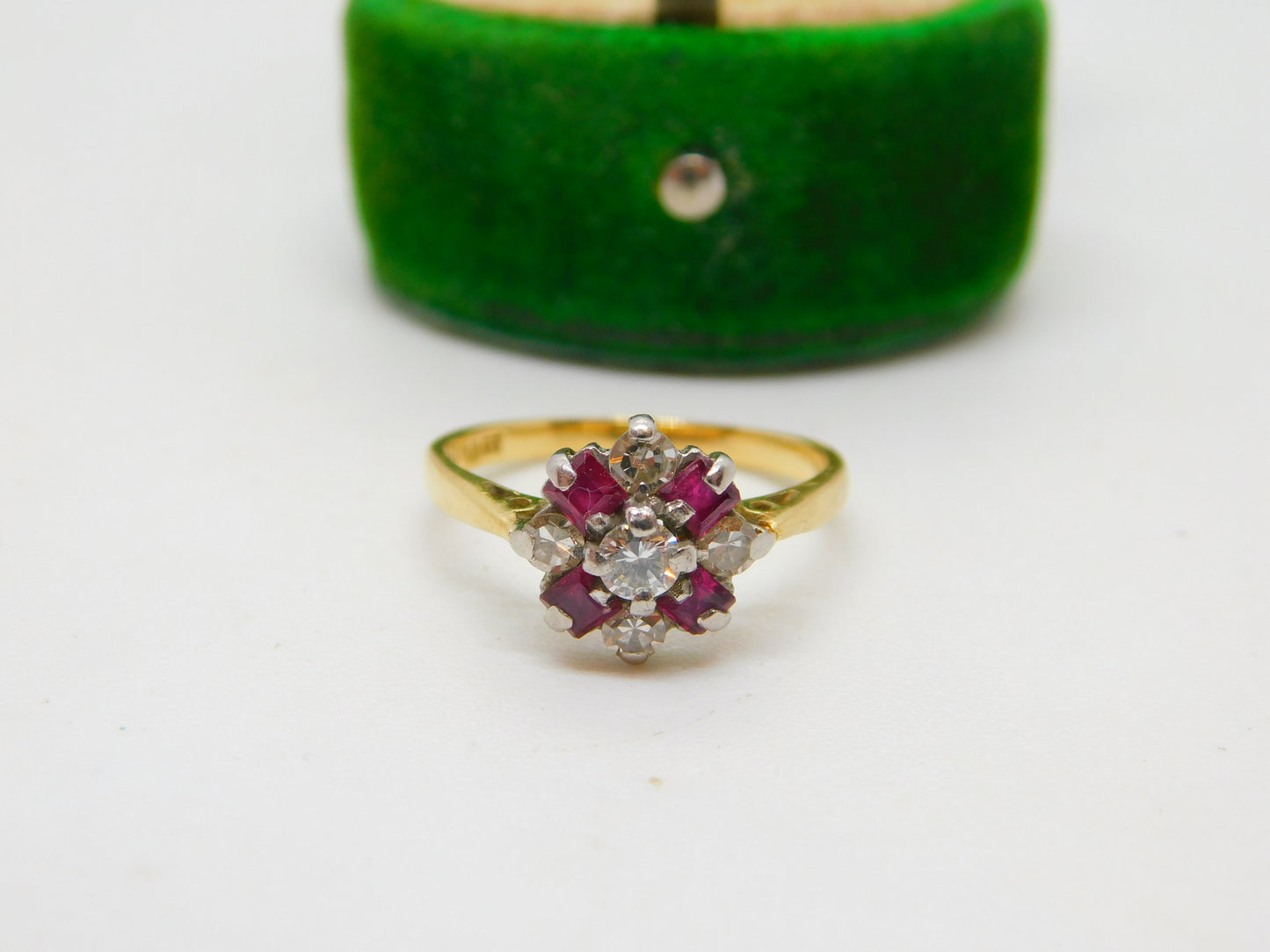 18ct Gold, Baguette Cut Ruby & Old Cut Diamond Floral Ring Vintage c1970