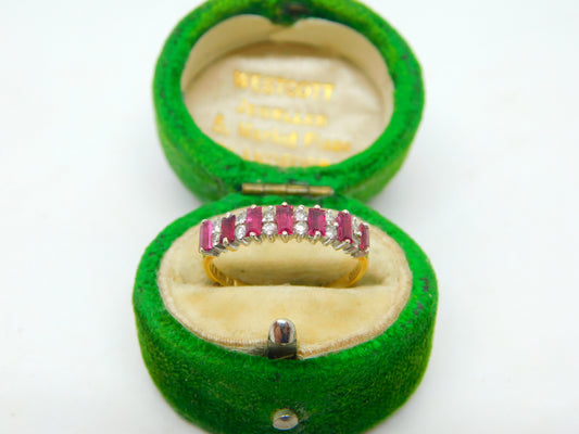 18ct Yellow Gold, Baguette Cut Ruby & Diamond Half Eternity Ring Vintage 1970