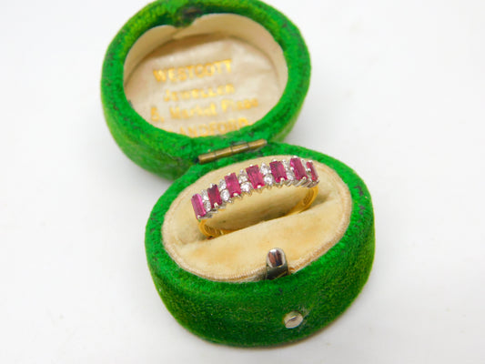 18ct Yellow Gold, Baguette Cut Ruby & Diamond Half Eternity Ring Vintage 1970