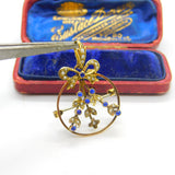 Edwardian 9ct Yellow Gold, Seed Pearl & Sapphire Paste Floral Ribbon Pendant