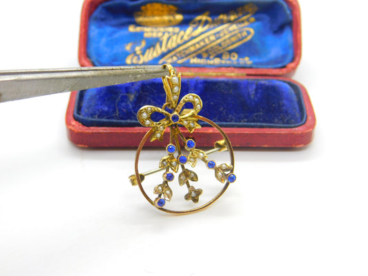 Edwardian 9ct Yellow Gold, Seed Pearl & Sapphire Paste Floral Ribbon Pendant