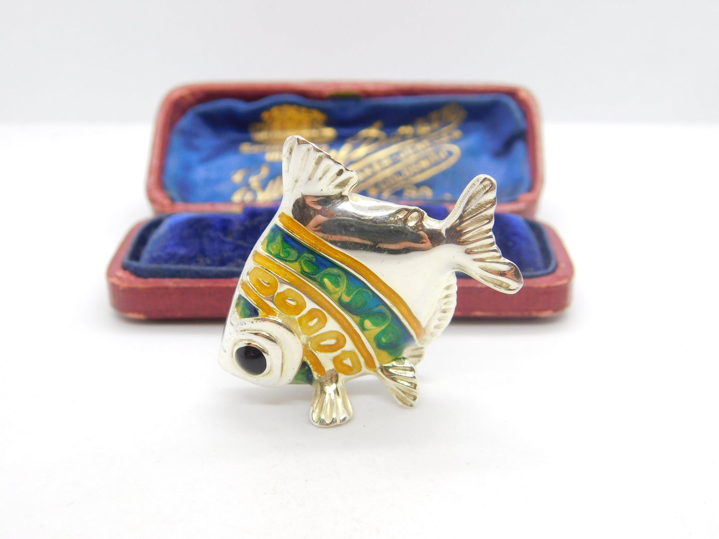 Saturno Silver & Green-Orange Enamel Tropical Fish Ornament Vintage c2000