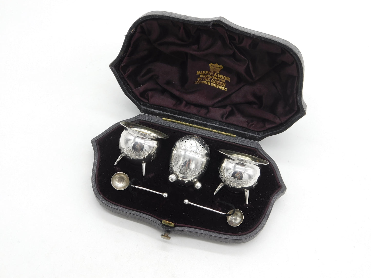 Boxed Mappin & Webb Sterling Silver Miniature Cruet Set 1890 London Antique