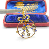 Edwardian 9ct Yellow Gold, Seed Pearl & Sapphire Paste Floral Ribbon Pendant