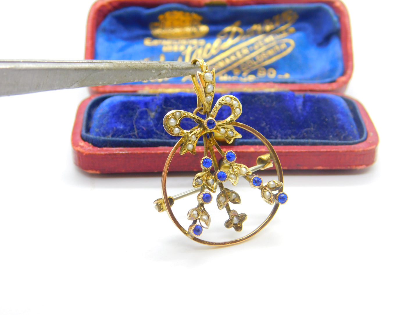 Edwardian 9ct Yellow Gold, Seed Pearl & Sapphire Paste Floral Ribbon Pendant