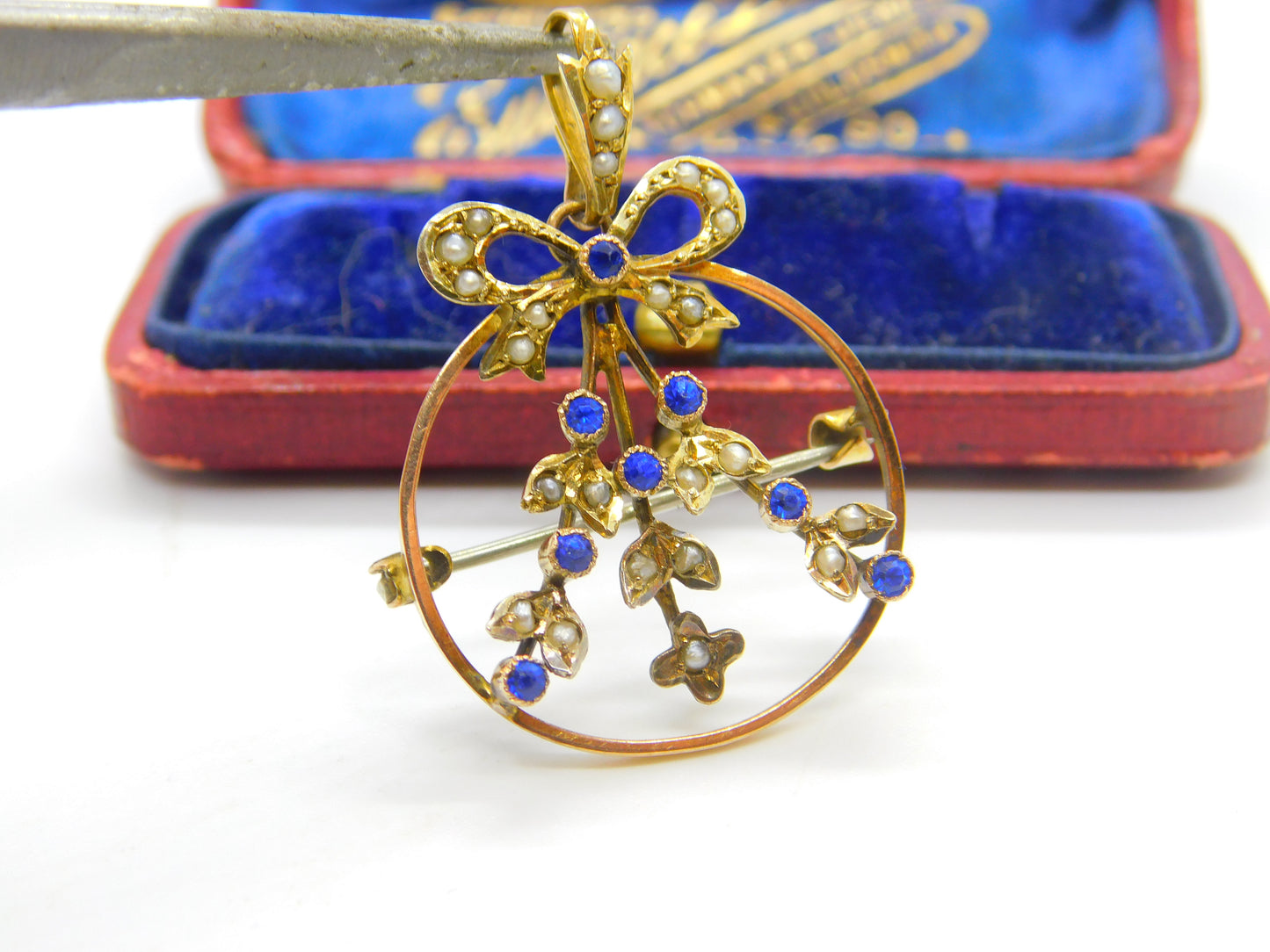 Edwardian 9ct Yellow Gold, Seed Pearl & Sapphire Paste Floral Ribbon Pendant