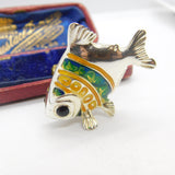 Saturno Silver & Green-Orange Enamel Tropical Fish Ornament Vintage c2000