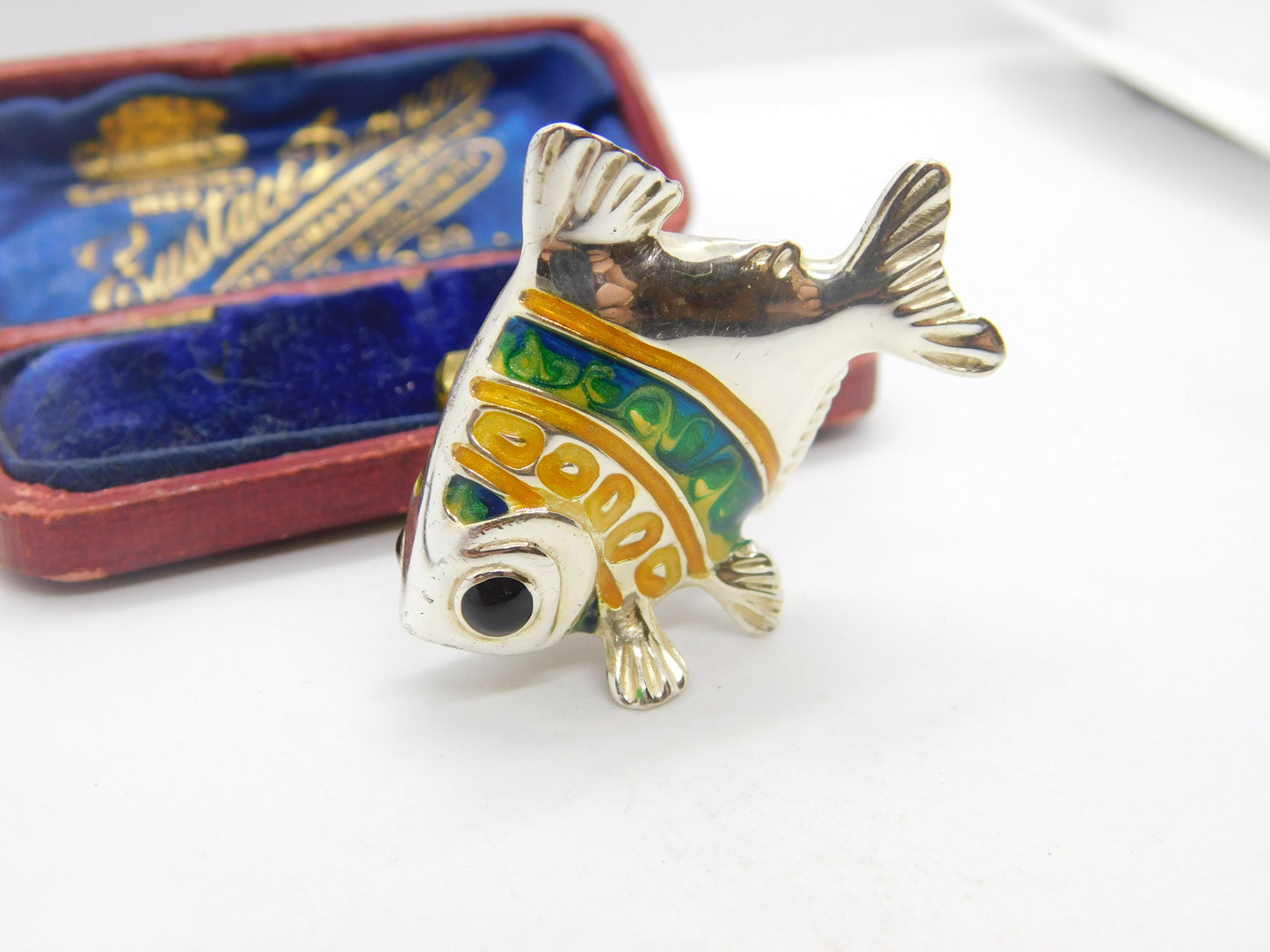 Saturno Silver & Green-Orange Enamel Tropical Fish Ornament Vintage c2000