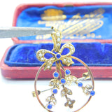 Edwardian 9ct Yellow Gold, Seed Pearl & Sapphire Paste Floral Ribbon Pendant