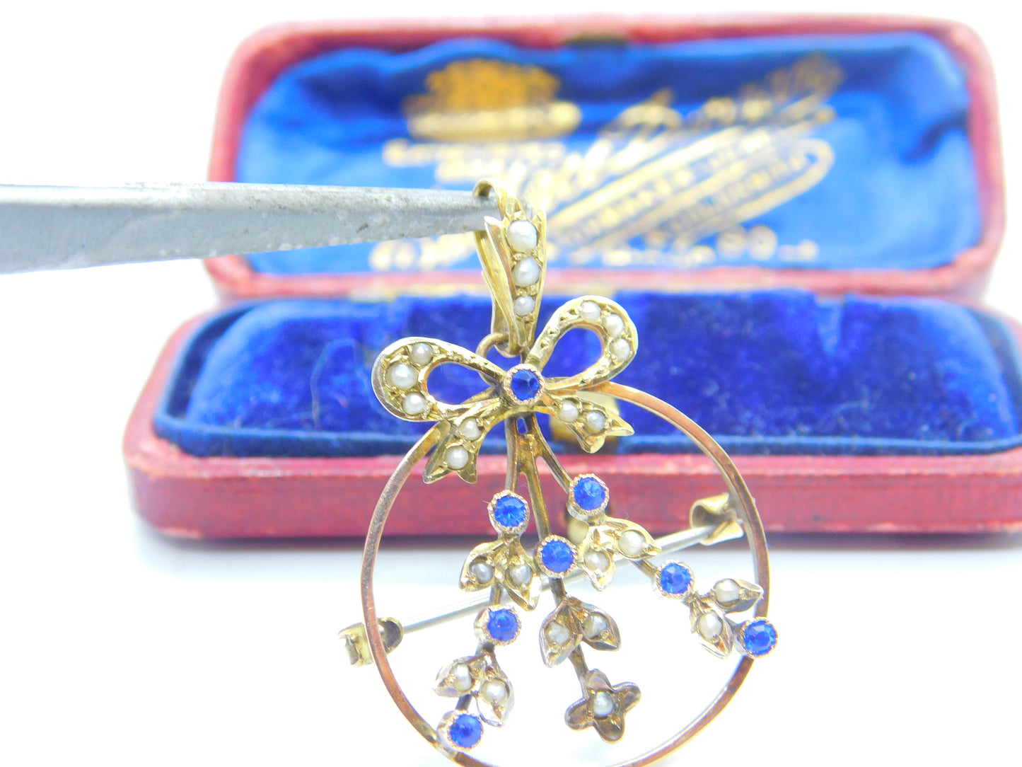 Edwardian 9ct Yellow Gold, Seed Pearl & Sapphire Paste Floral Ribbon Pendant