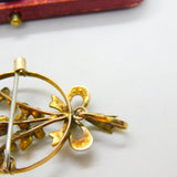Edwardian 9ct Yellow Gold, Seed Pearl & Sapphire Paste Floral Ribbon Pendant