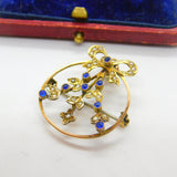 Edwardian 9ct Yellow Gold, Seed Pearl & Sapphire Paste Floral Ribbon Pendant