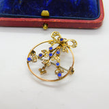 Edwardian 9ct Yellow Gold, Seed Pearl & Sapphire Paste Floral Ribbon Pendant