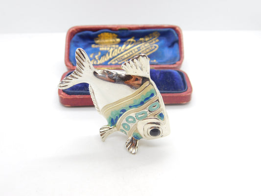 Saturno Silver Blue-White Enamel Tropical Fish Ornament Vintage c2000