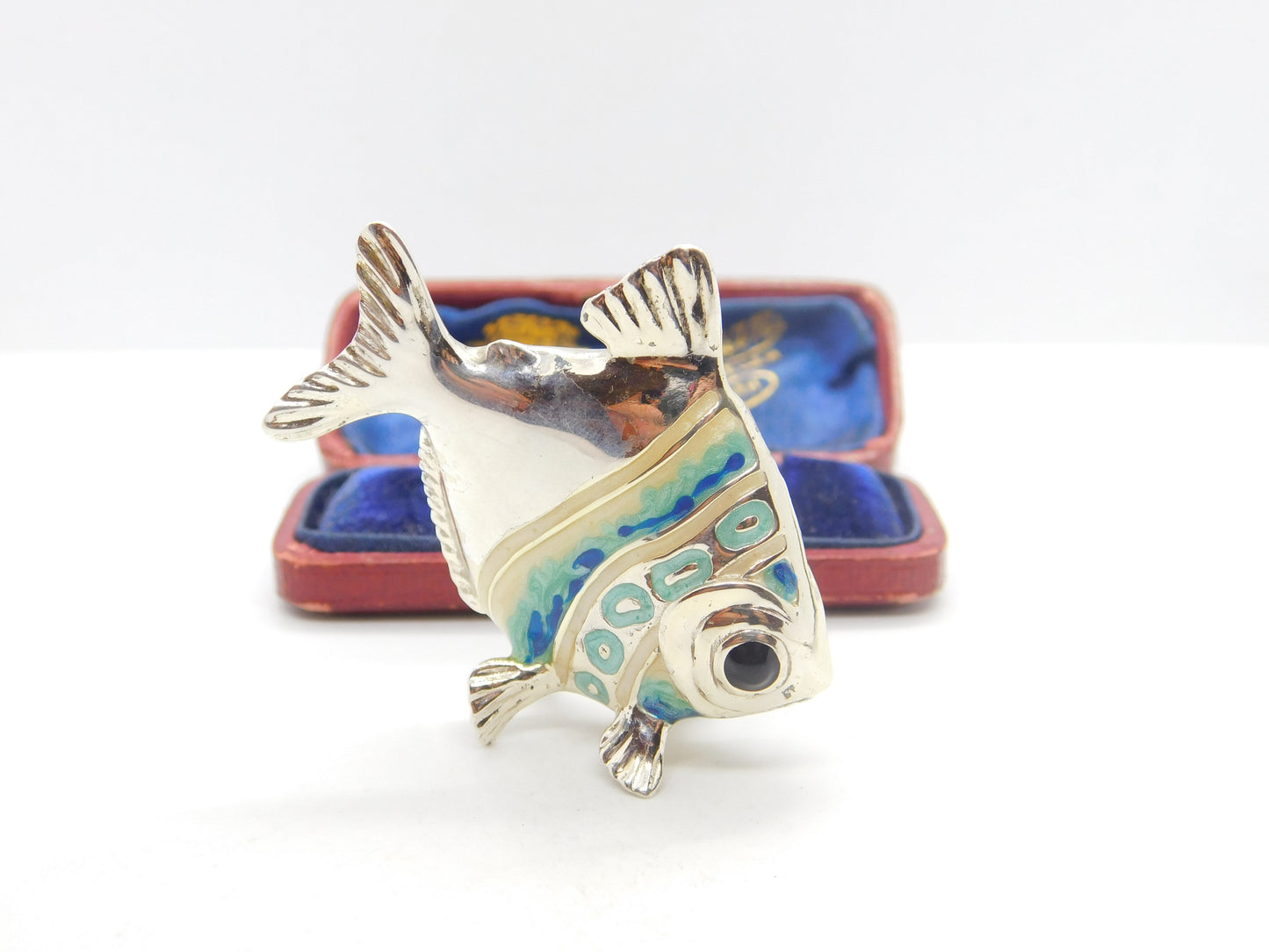 Saturno Silver Blue-White Enamel Tropical Fish Ornament Vintage c2000