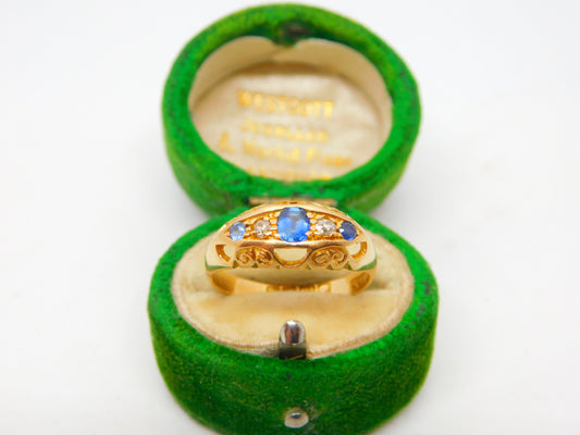 Victorian 18ct Yellow Gold, Sapphire & Diamond Boat Ring Antique 1867 Birmingham