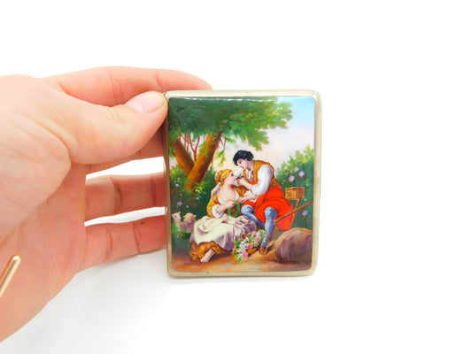 Victorian Gold Cased Enamel Romantic Regency Scene Cigarette Case Antique