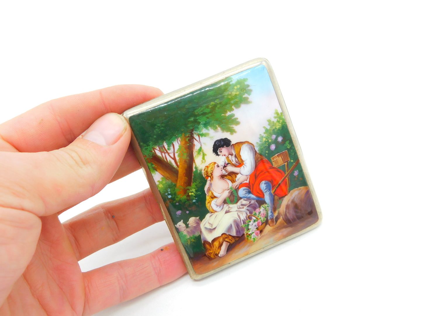 Victorian Gold Cased Enamel Romantic Regency Scene Cigarette Case Antique