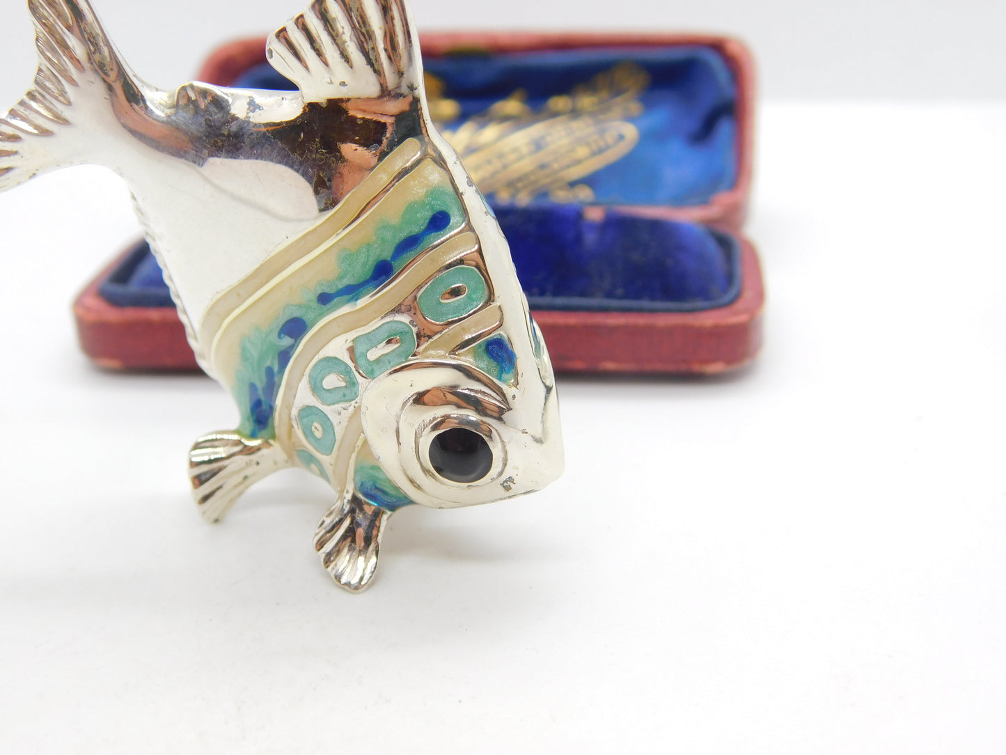 Saturno Silver Blue-White Enamel Tropical Fish Ornament Vintage c2000