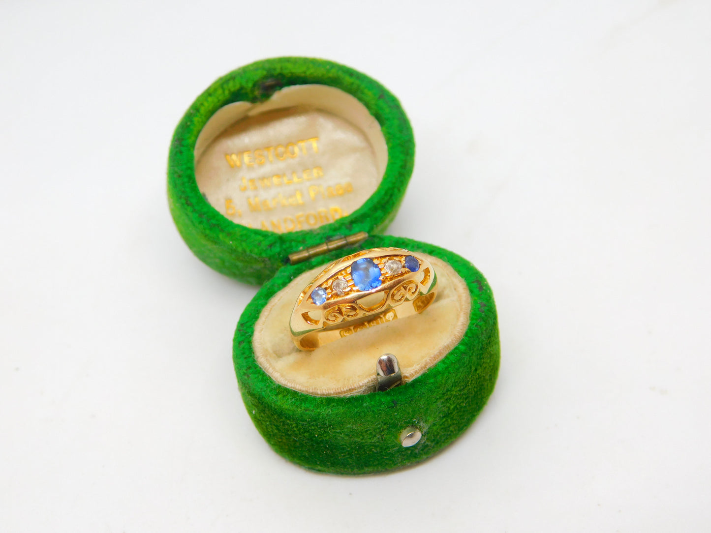 Victorian 18ct Yellow Gold, Sapphire & Diamond Boat Ring Antique 1867 Birmingham