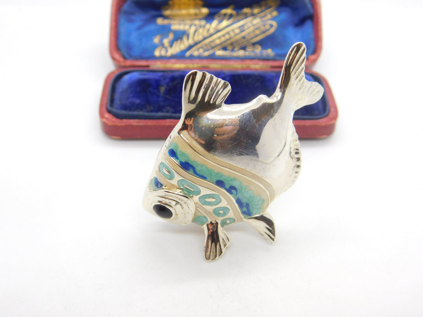 Saturno Silver Blue-White Enamel Tropical Fish Ornament Vintage c2000