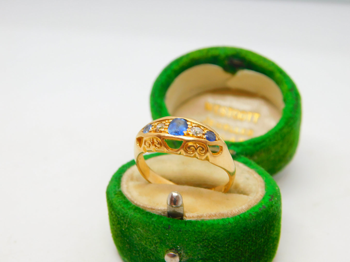 Victorian 18ct Yellow Gold, Sapphire & Diamond Boat Ring Antique 1867 Birmingham