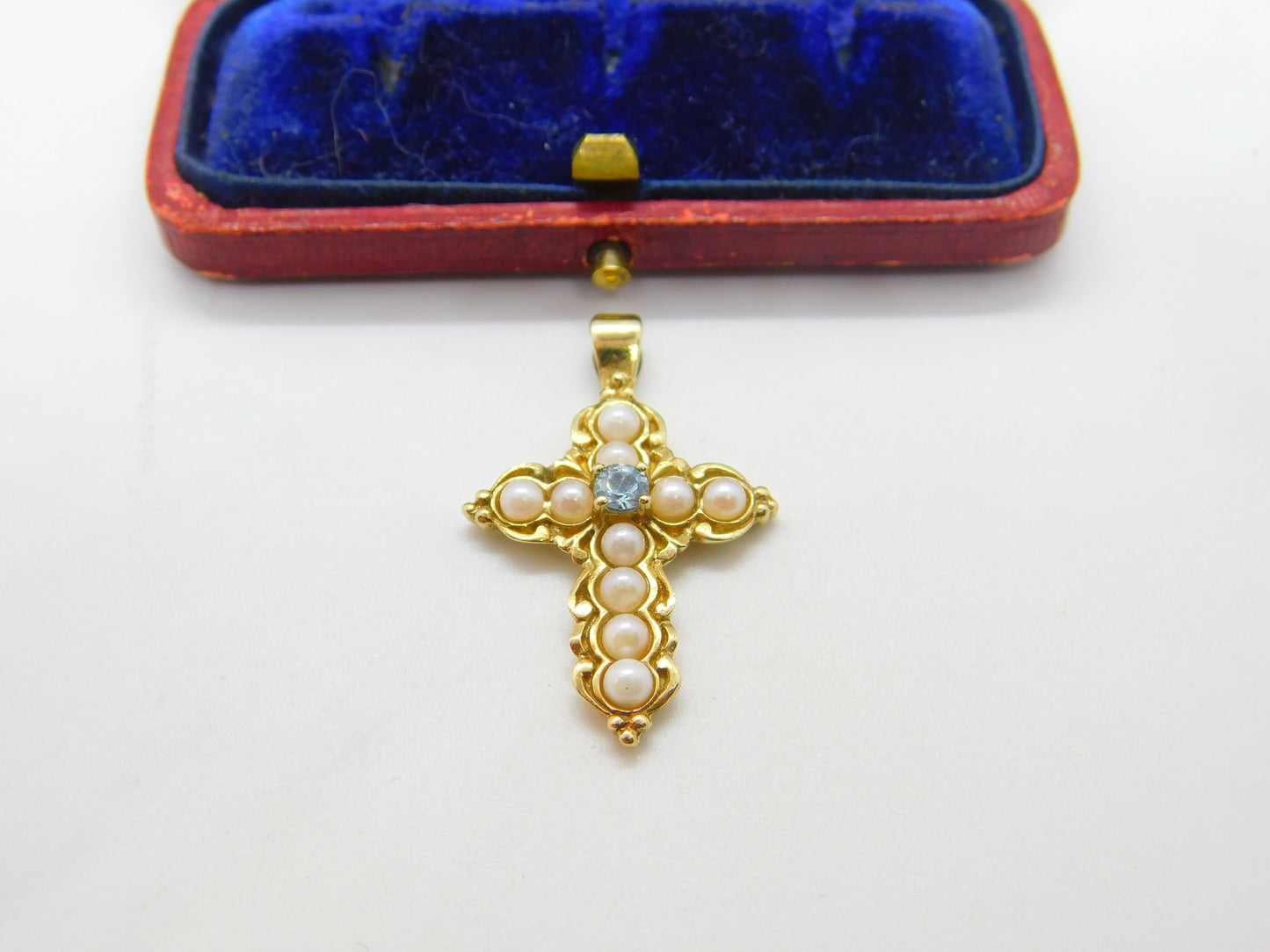 9ct Yellow Gold, Pearl & Topaz Set Cross Pendant Vintage c1970 London