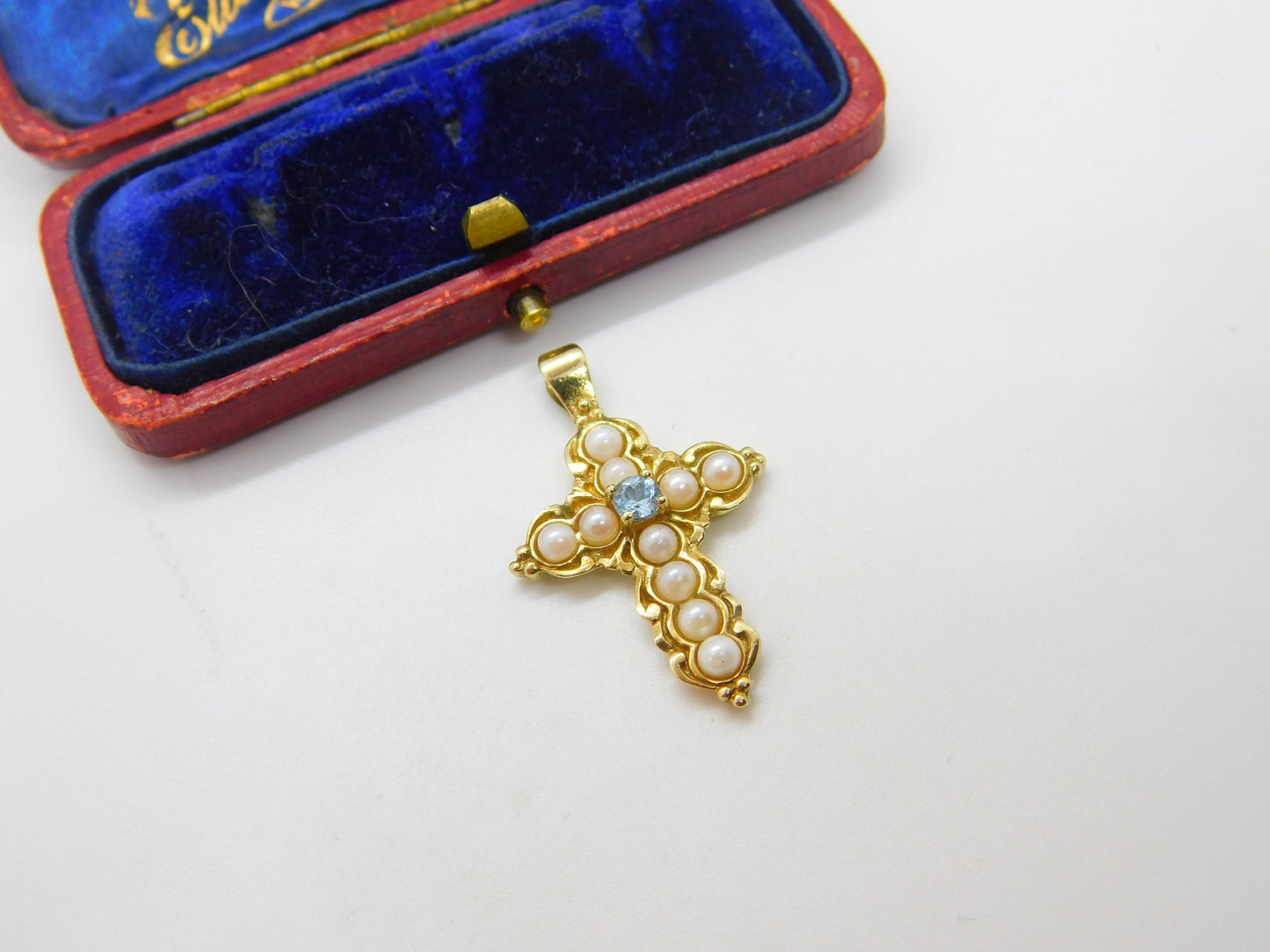 9ct Yellow Gold, Pearl & Topaz Set Cross Pendant Vintage c1970 London