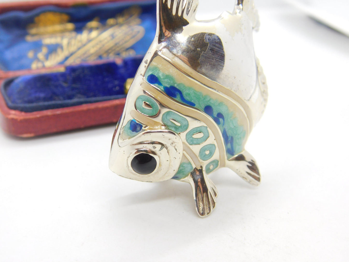 Saturno Silver Blue-White Enamel Tropical Fish Ornament Vintage c2000