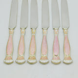Set of Sterling Silver Pink Enamel Ladies Cake Knives Antique 1935 Birmingham Art Deco