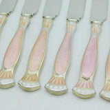 Set of Sterling Silver Pink Enamel Ladies Cake Knives Antique 1935 Birmingham Art Deco