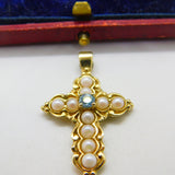 9ct Yellow Gold, Pearl & Topaz Set Cross Pendant Vintage c1970 London