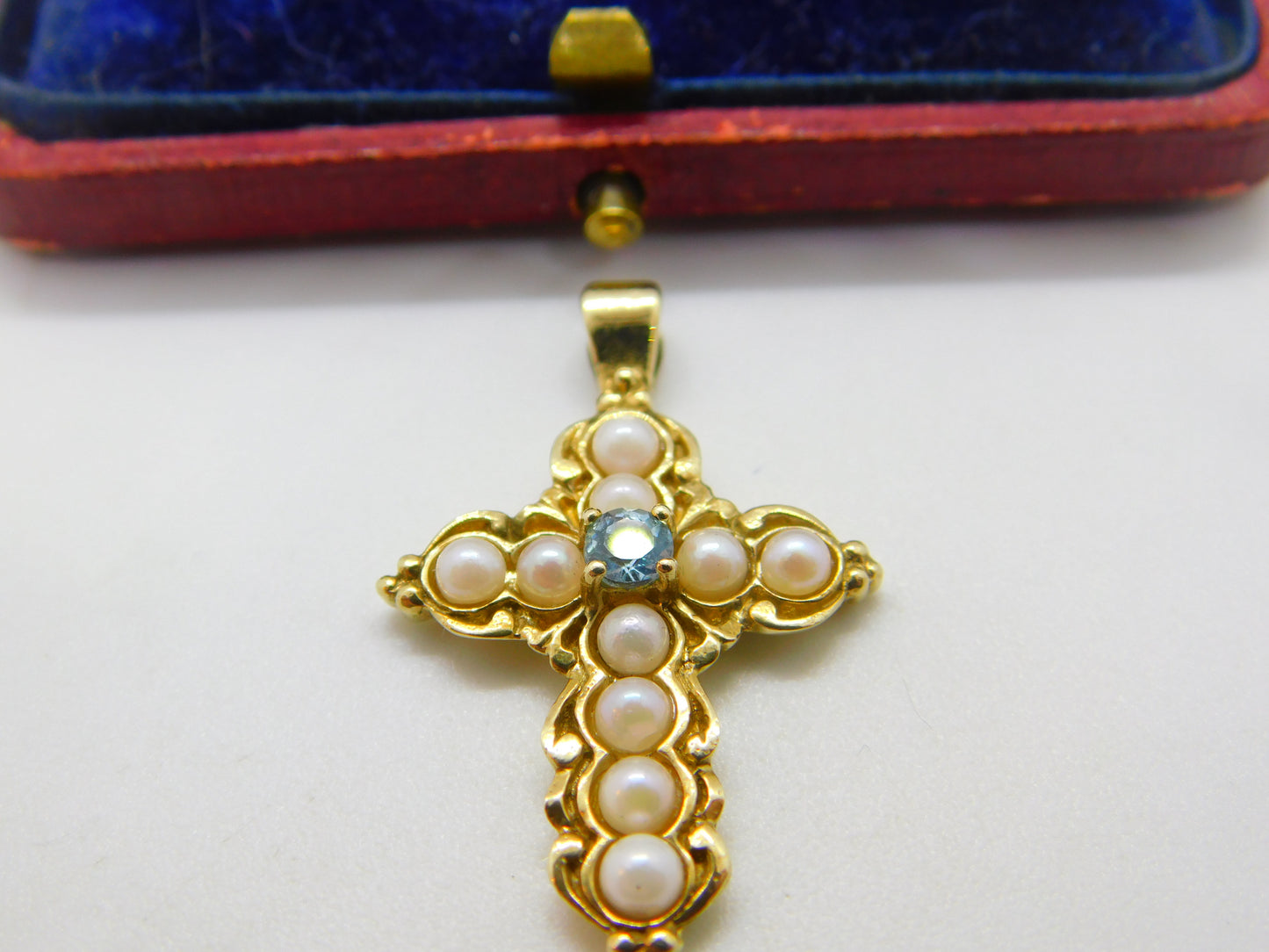 9ct Yellow Gold, Pearl & Topaz Set Cross Pendant Vintage c1970 London